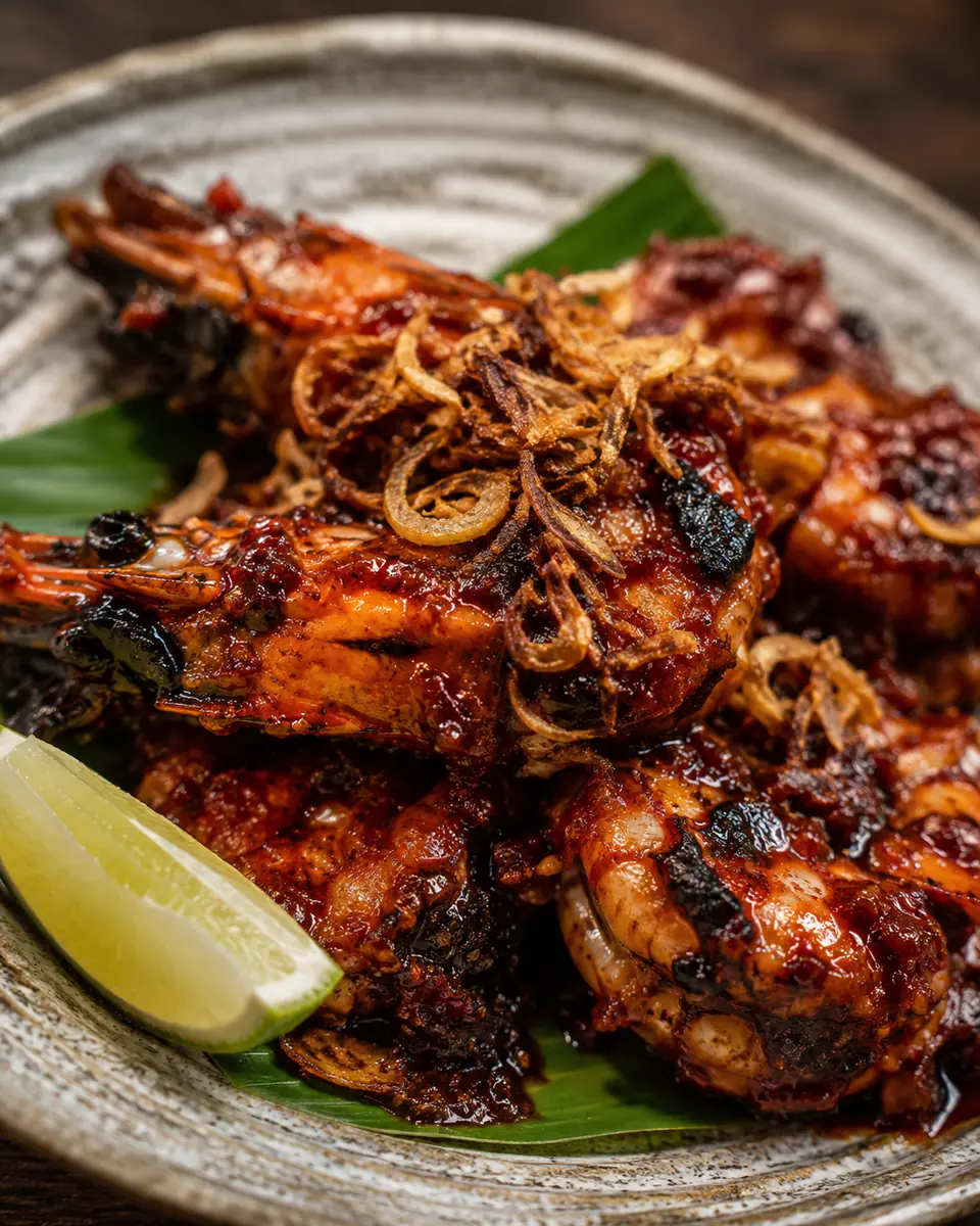 Charred prawn sambal tersaji dengan rempah dan jeruk nipis
