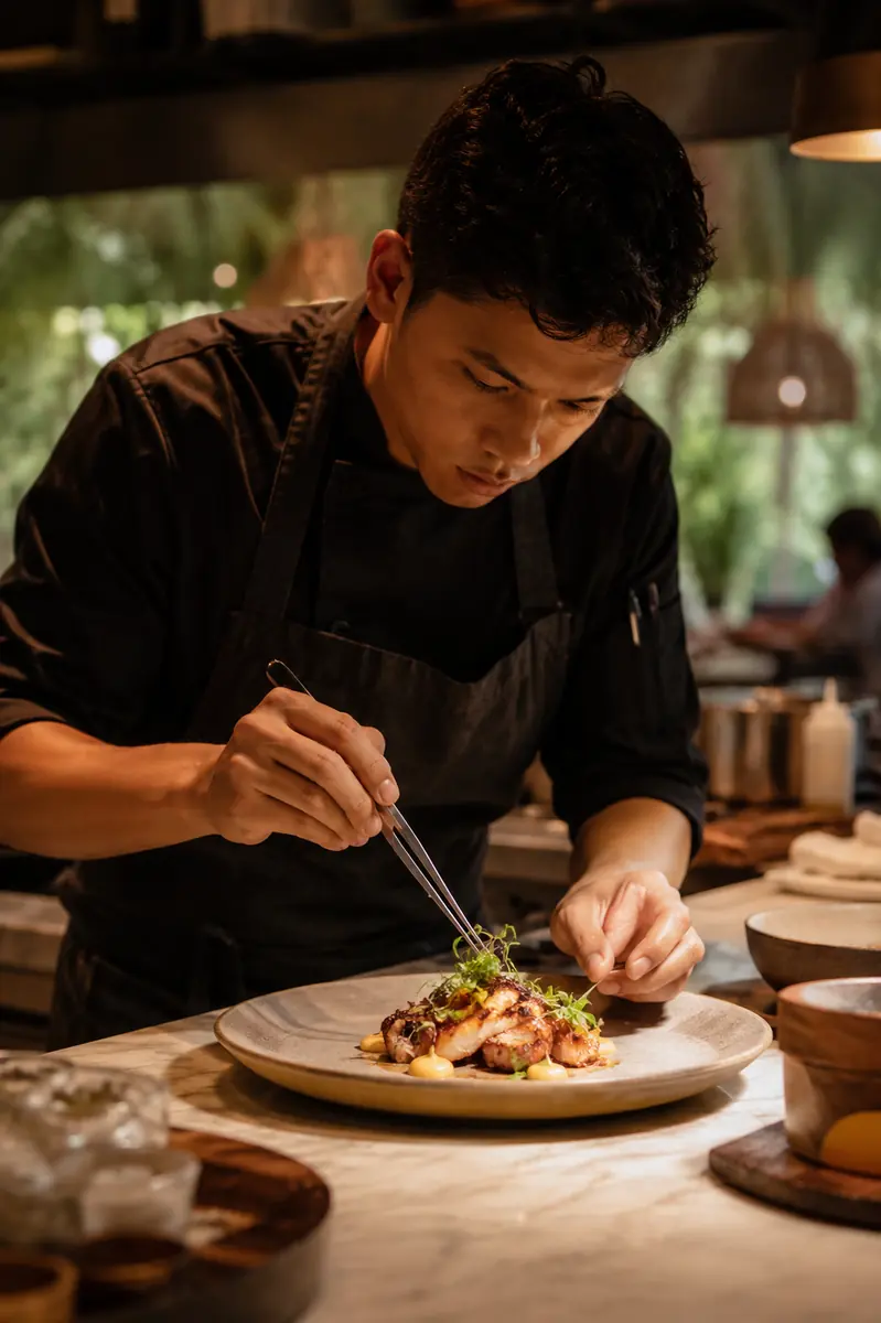 Chef menata hidangan dengan penjepit di dapur terbuka Floca Feny