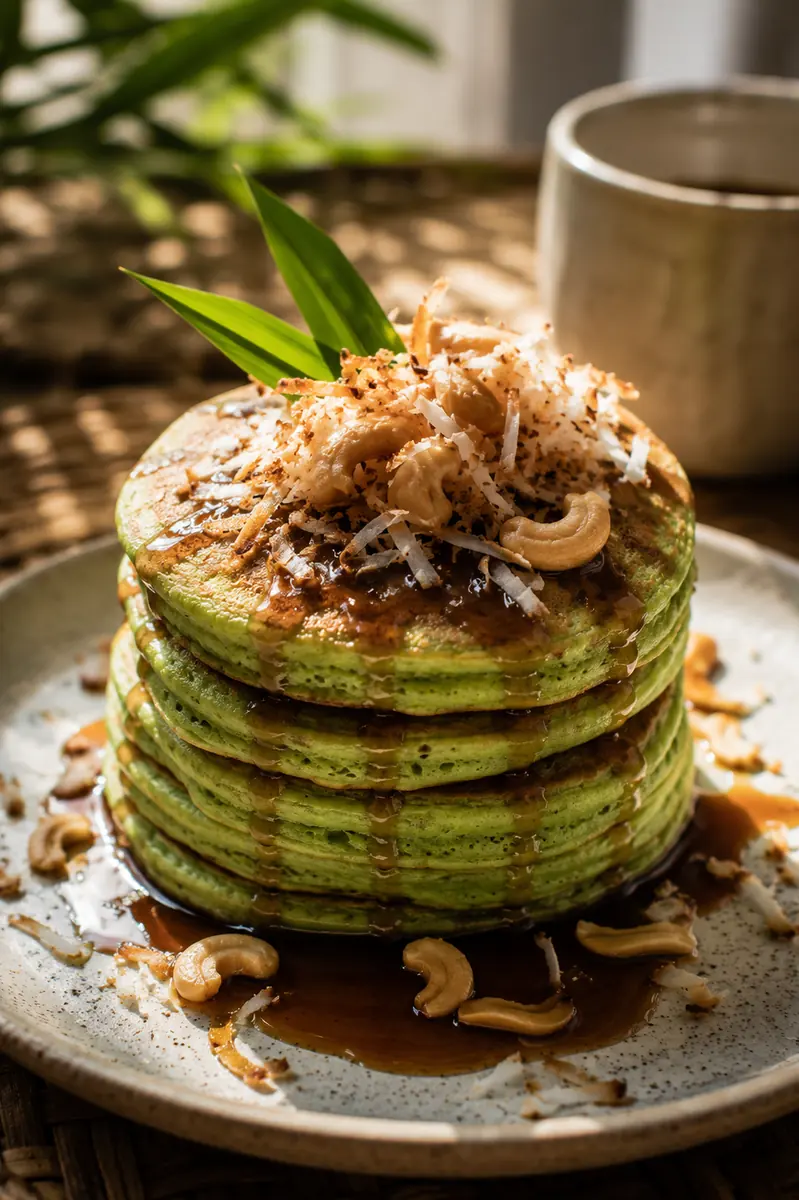 Coconut pandan pancakes disajikan dengan sirop gula aren