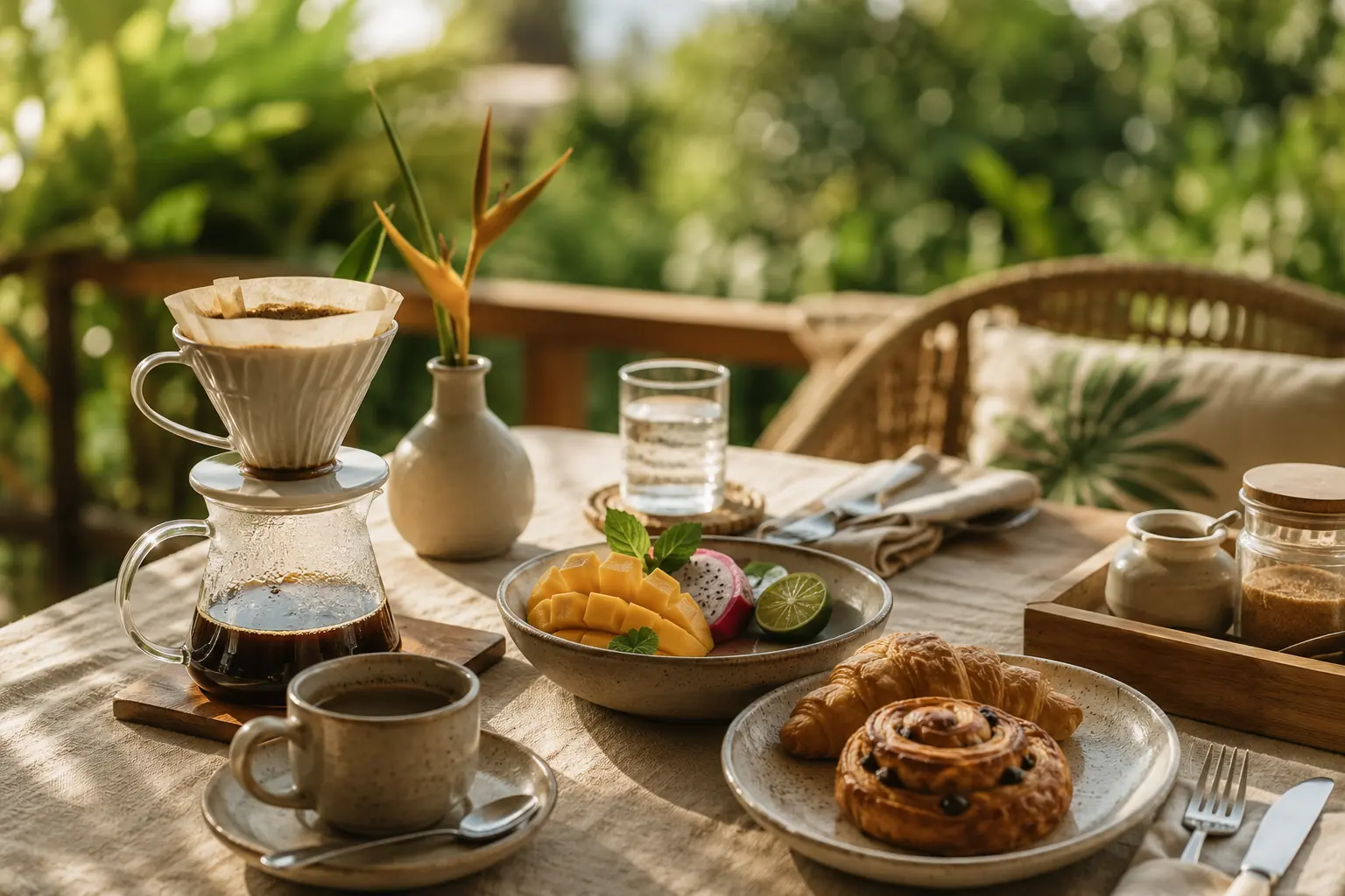 Kopi, pastry, dan buah segar di atas meja dengan cahaya pagi yang lembut di Floca Feny