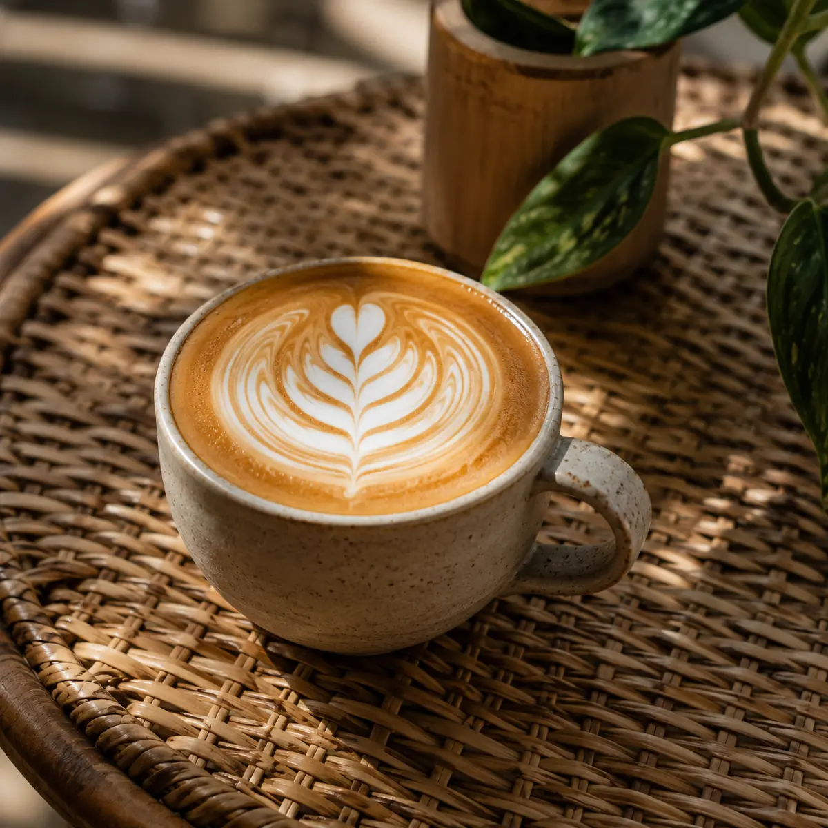 Latte art dalam cangkir keramik di atas meja rotan