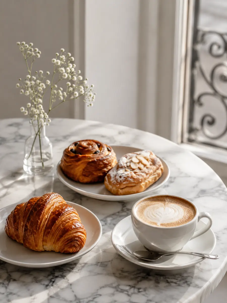 Pastry segar dan cappuccino tersaji di atas meja marmer dengan cahaya pagi