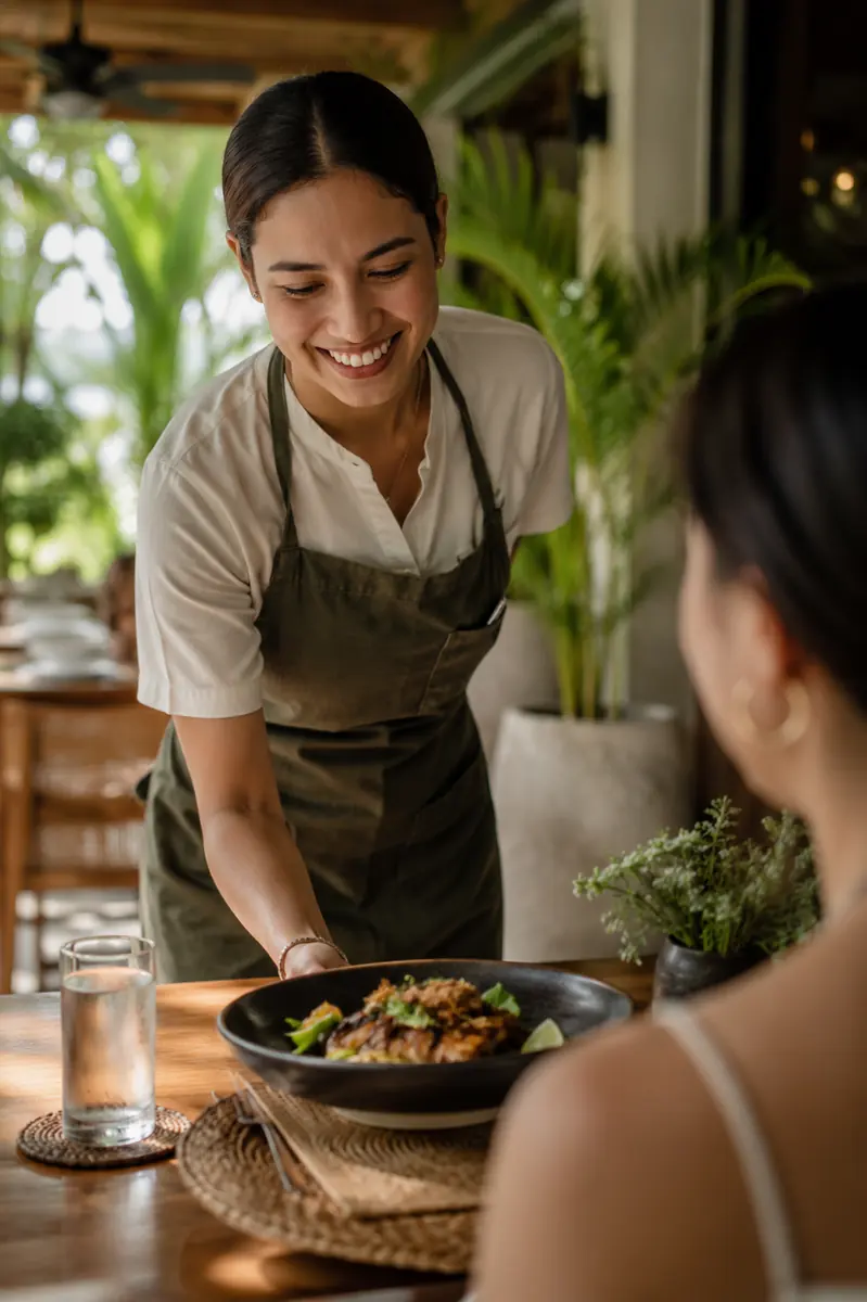 Server menyajikan hidangan dengan senyum hangat di meja tamu