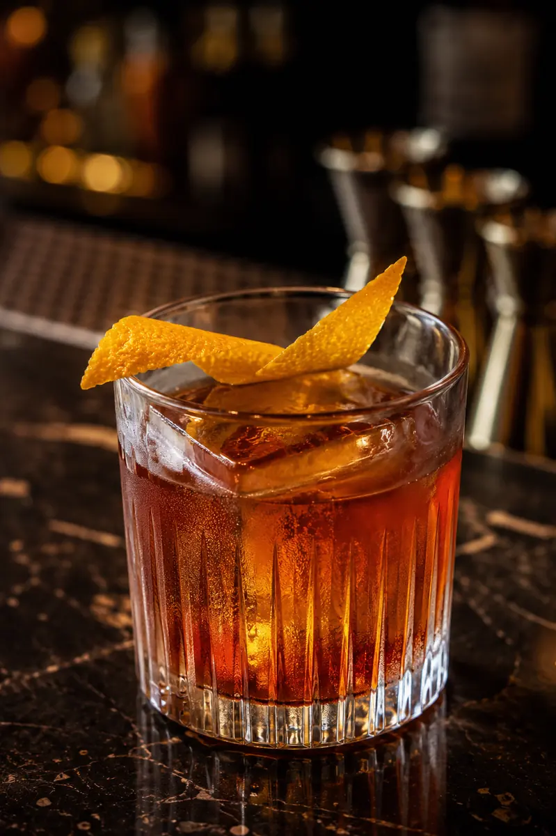 Koktail andalan dengan garnis kulit jeruk di meja bar