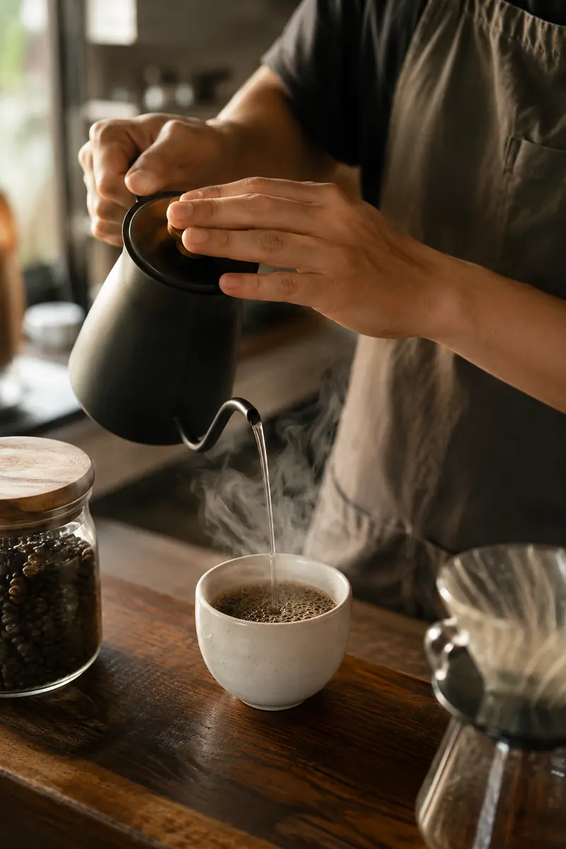 Barista menuangkan kopi spesialti ke dalam cangkir keramik di atas meja kayu