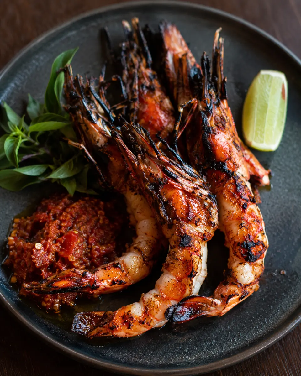 Hidangan Indonesia modern dengan udang bakar, sambal, dan rempah segar
