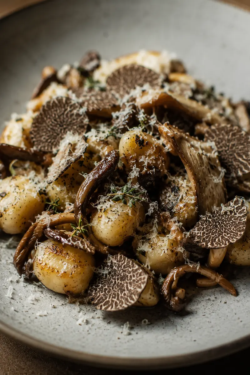 Truffle mushroom gnocchi tersaji dengan serutan parmesan